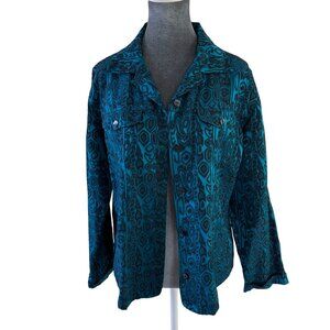 Chicos Shacket. - Artistic Abstract Print - Dark Teal/Black - Size 8 (Chico's 1)